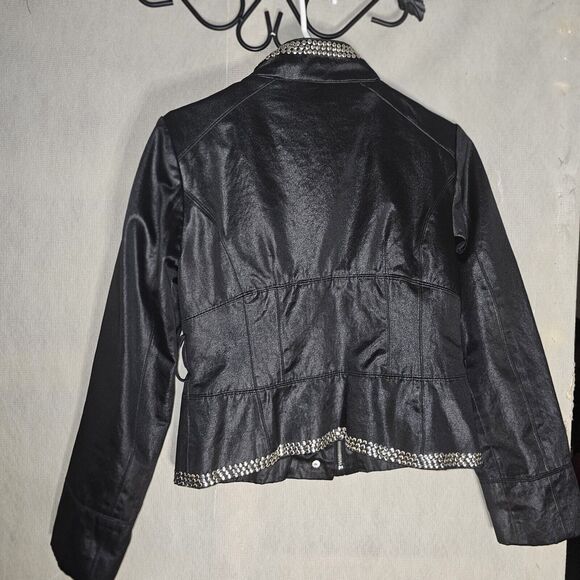 Bebe Studded Moto Jacket Womens Size Medium Black Satin Zip Up - Picture 4 of 10